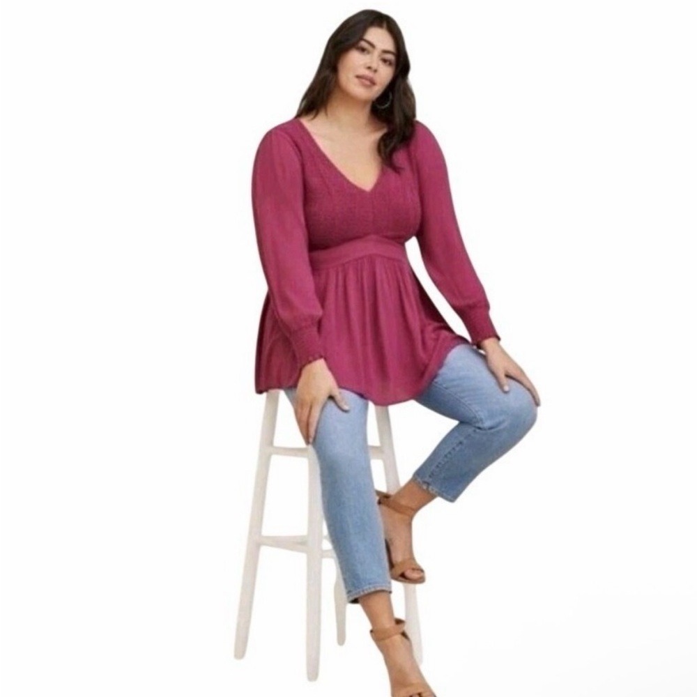 Torrid Berry Pink Smocked V-Neck High Waist Babydoll Blouse Plus Size 1X